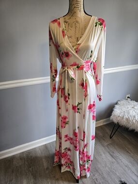 Floral Wrap Maxi Dress in Cream with Pink Roses